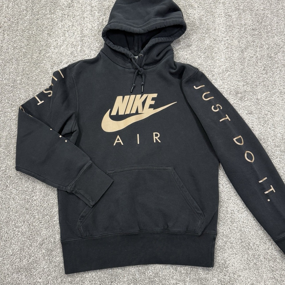 Nike Air Hoodie Pullover Sweatshirt Mens Small Black Gold Just Do It Distressed